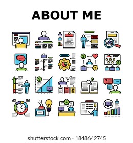 About Me Presentation Collection Icons Set Vector. Positive And Negative Human Traits About Me, Business Career And Diploma, Iq And Knowledge Concept Linear Pictograms. Color Contour Illustrations
