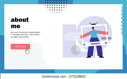 About me, website landing page. Man holding tv screen. Template for blog channel. Cartoon flat vector illustration