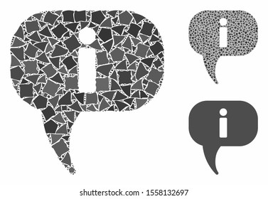 About mosaic of trembly items in variable sizes and color hues, based on about icon. Vector abrupt items are united into composition. About icons collage with dotted pattern.