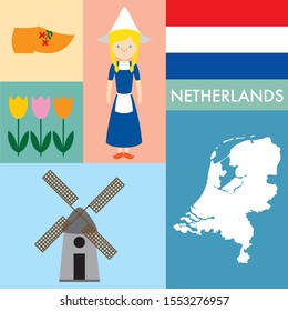 About Nethelands including Map, flag Nationality woman costume, tulip flower, windmill and wooden shoe.