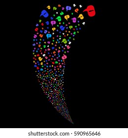 About random fireworks stream. Vector illustration style is flat bright multicolored iconic symbols on a black background. Object fountain combined from scattered icons.