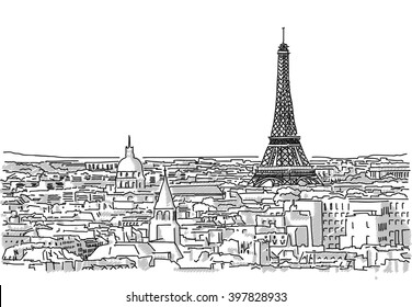 About the Roofs of Paris Handmade Drawing with the Eiffel Tower in background