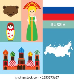 About Russia including Flag, map, bear, Moscow Kremlin tower, Russian Matryoshka Nesting Doll and Nationality costume.