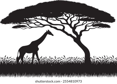 About silhouette artwork depicting a serene African savanna scene . This is a editable file .