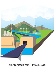 İllustration about sustainable energy tyges and water treatment.