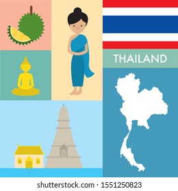 About Thailand including Flag, map, woman costume, durian, buddhism and Thai temple architecture.