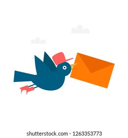 About us, the bird carries a letter, contacts. Flat style vector illustration.