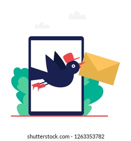About us, the bird carries a letter, contacts. Flat style vector illustration.