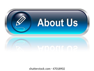 About us button, icon blue glossy with shadow, vector illustration