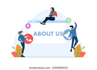 About us concept metaphor, flat illustration vector template of company information, business profile, office information, customer support, our team, About Company. flat vector illustration.