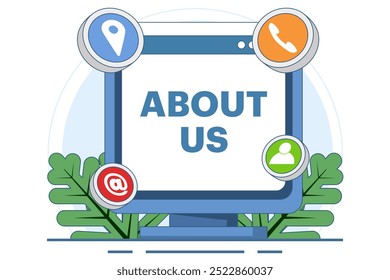 Sobre nosotros Contáctenos Concepto, formulario de Asistencia al cliente, Servicio al cliente, Asistencia Seguir en línea, Help Desk, Us Concepto, Publicidad en Internet, Marketing. Ilustración vectorial plana.