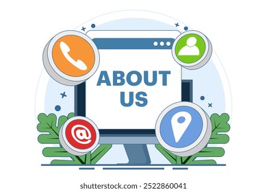 Sobre nós ou Fale conosco Conceito, Formulário de suporte ao cliente, Atendimento ao cliente, Suporte on-line, Help Desk, Siga-nos Conceito, Anúncios na Internet, Marketing. Ilustração de vetor plano.