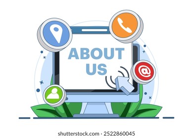 Sobre nosotros Contáctenos Concepto, formulario de Asistencia al cliente, Servicio al cliente, Asistencia Seguir en línea, Help Desk, Us Concepto, Publicidad en Internet, Marketing. Ilustración vectorial plana.