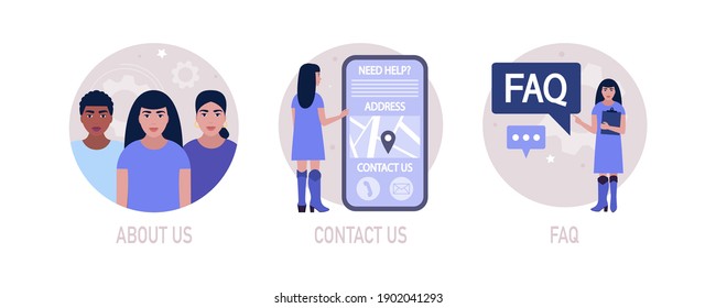 Acerca de nosotros, contáctenos, concepto de FAQ. Icono del vector para la información del sitio web. Ilustración plana colorida