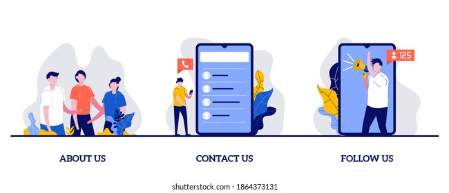 About Us, Contact Us, Follow Us Concept With Tiny Character And Icons. Customer Loyalty And Technical Support Abstract Vector Illustration. Clients Hotline, Website Information Metaphor.