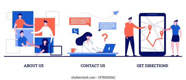 About us, contact us, get directions concept with tiny people. Company information vector illustration set. Website menu, starting web page, business profile, office information, navigation metaphor.