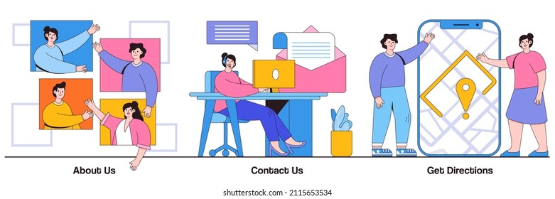 About us, contact us, get directions concept with tiny people. Company information vector illustration set. Website menu, starting web page, business profile, office information, navigation metaphor.