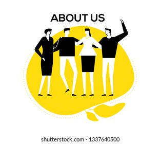 About us - flat design style vector illustration. Black, yellow and white unusual composition with happy male, female colleagues, company staff standing together, hugging. Creative team concept