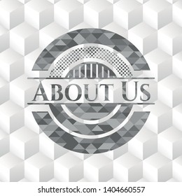 About Us grey badge with geometric cube white background