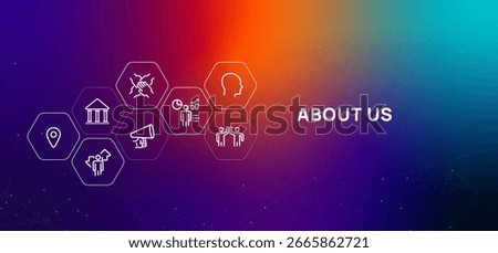 About Us header image with icon teamwork communication vision and corporate structure for company websites professional profiles team or organization