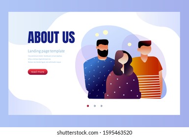 About us landing page template. Professional entrepreneurs, creative business team, adult friends. Young confident man and women, colleagues standing together. Vector isolated illustration. Characters