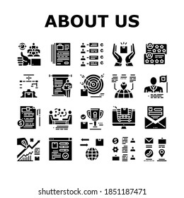 About Us Presentation Collection Icons Set Vector. Company And Store Review And Presentation, Characteristics And Skills, Agreement And Contract Glyph Pictograms Black Illustrations