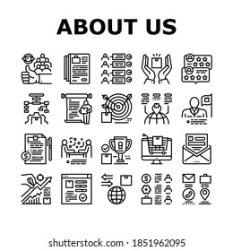 About Us Presentation Collection Icons Set Vector. Company And Store Review And Presentation, Characteristics And Skills, Agreement And Contract Black Contour Illustrations