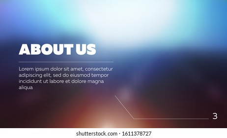 About us slide page of vector presentation. Modern minimal design on blur color background. Blue and orange gamma. Technic style with infographic strokes.