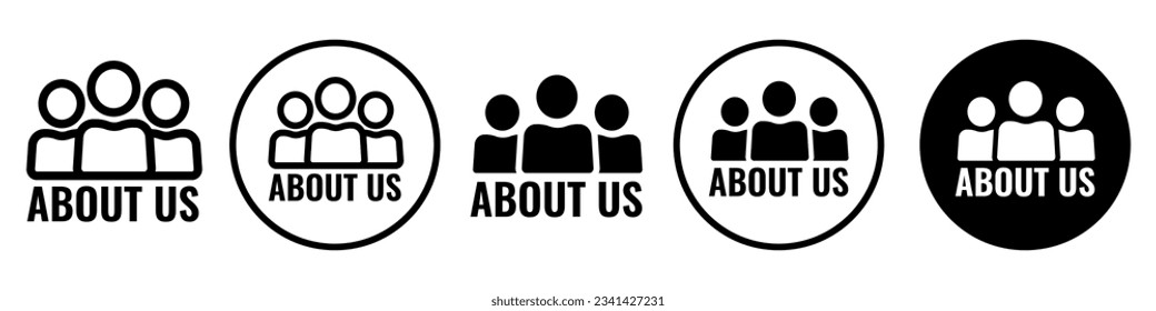 About Us symbol Icon. Company business owner contact information on website web app ui set collection vector. Flat outline sign of public member social together work. Logo of follow us contract