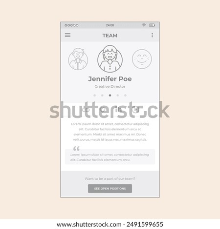 About us team page app screen with icons and user avatars. Vector mobile wireframe editable design for mobile, with sample data and real user interface graphic details ready for ux ui projects.