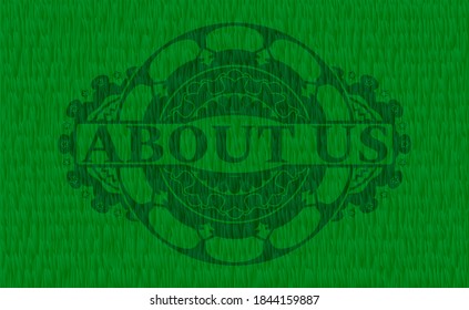 About us text inside grass grama realistic badge. Eco exquisite background. Vector illustration. 