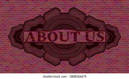 About us text inside Guilloche brick stone wall realistic badge. Tiles graceful background. Vector illustration. 