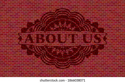 Sobre nosotros mandamos texto dentro de la pared de ladrillos rojos con emblema realista. Los azulejos de lujo. Ilustración. 