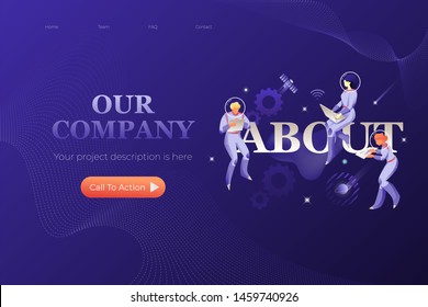 ABOUT web page design template. Astronauts in spacesuits around word ABOUT. Cosmic design vector illustration concept for website app landing web page development.