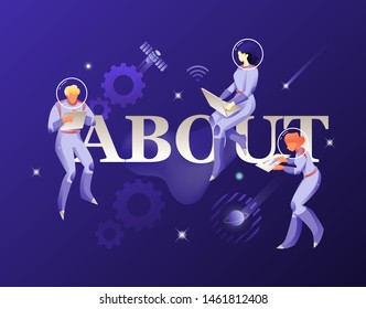 ABOUT word and astronauts in spacesuits vector illustration. Cosmic design vector illustration concept for website app landing web page development.