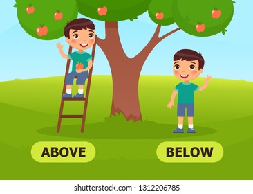 ABOVE and BELOW antonyms word card vector template. Flashcard for english language learning. Opposites concept. Little boy sitting on ladder, standing under tree illustration with typography