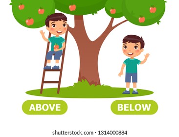 ABOVE and BELOW antonyms word card vector template. Flashcard for english language learning. Opposites concept. Little boy sitting on ladder, standing under tree illustration with typography