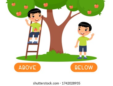 Above and below antonyms word card, opposites concept. Flashcard for English language learning.  Asian little boy sitting on ladder, kid standing under tree