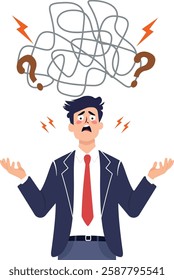 Above the businessman's head is a chaotic tangle of lines, interspersed with question marks and lightning bolts, symbolizing mental stress, confusion, and uncertainty.