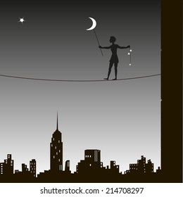 Above the city, night is coming, put a moon, star keeper, rope walker, young wizard
