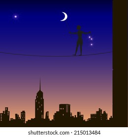 above the city, night rope walker, putting the moon, New-York, star keeper