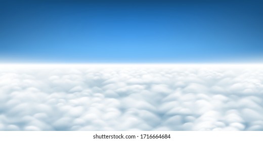 Above The Clouds Panorama Vector, Cloudscape View From Above, Plane Flight View Of Clouds, Sky And Horizon