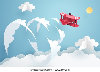 Above the clouds, Paper art of red airplane flying over the sky and break the sound barrier, vector art and illustration.