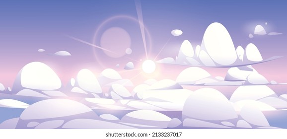 Above clouds sky or heaven background, nature peaceful landscape with white and lilac cumulonimbus cloudscape and sun shine. Early morning abstract vivid view from airplane Cartoon vector illustration