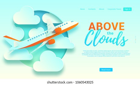 Above the clouds web banner template. Beautiful background with clouds and plane in paper art style. Vector illustration for design of tourist company.