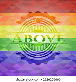 Above emblem on mosaic background with the colors of the LGBT flag