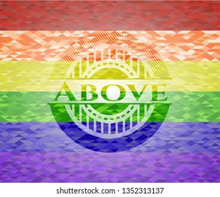 Above emblem on mosaic background with the colors of the LGBT flag