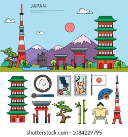 Above line flat design of multi-tiered tower, pagoda, monumental main gate. Japan symbols in the rice, rolls, a fish, sumo wrestler, fan and bonsai tree isolated on white