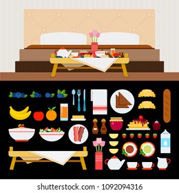 Above the Line flat design of table with breakfast and bed with pillows. Under the line Products for morning breakfast of tea, bacon, cereal, pancakes, milk and berries isolated on black background