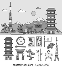 Above Line monochrome of multi-tiered tower, pagoda, monumental main gate. Japan symbols in the rice, rolls, a fish, sumo wrestler, fan and bonsai tree isolated on white